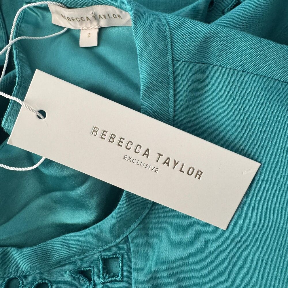 Rebecca Taylor Dress Womens 2 Teal Deco Eyelet Shift Flutter Embroidered Pockets - Picture 10 of 11
